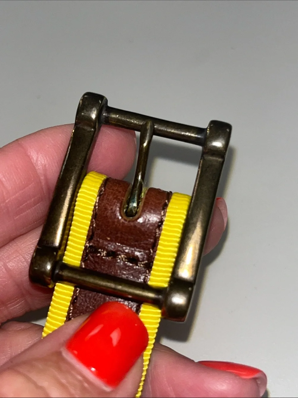 Linea Pelle Brown Leather & Yellow Nylon Belt Size Small